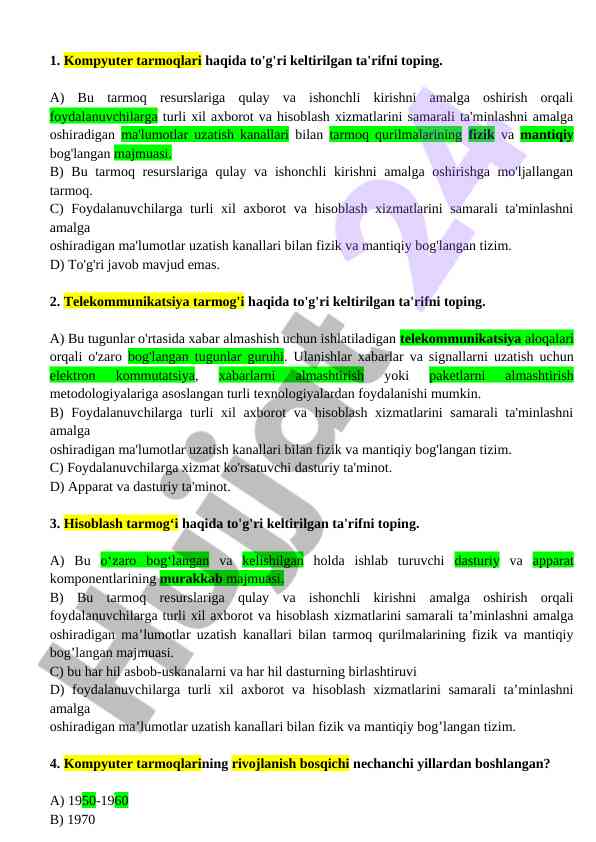 Kompyuter tarmoqlari va telekommunikatsiya testi