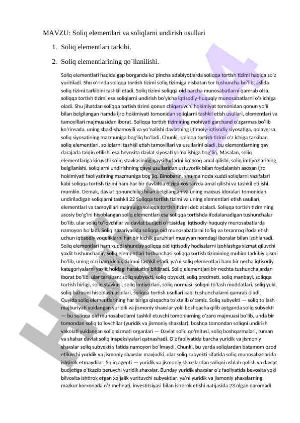 Soliq elementlari va soliqlarni undirish usullari
