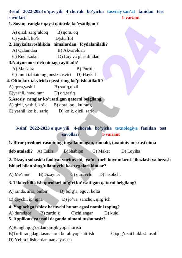Tasviriy san’at va texnologiya fanidan test savollari