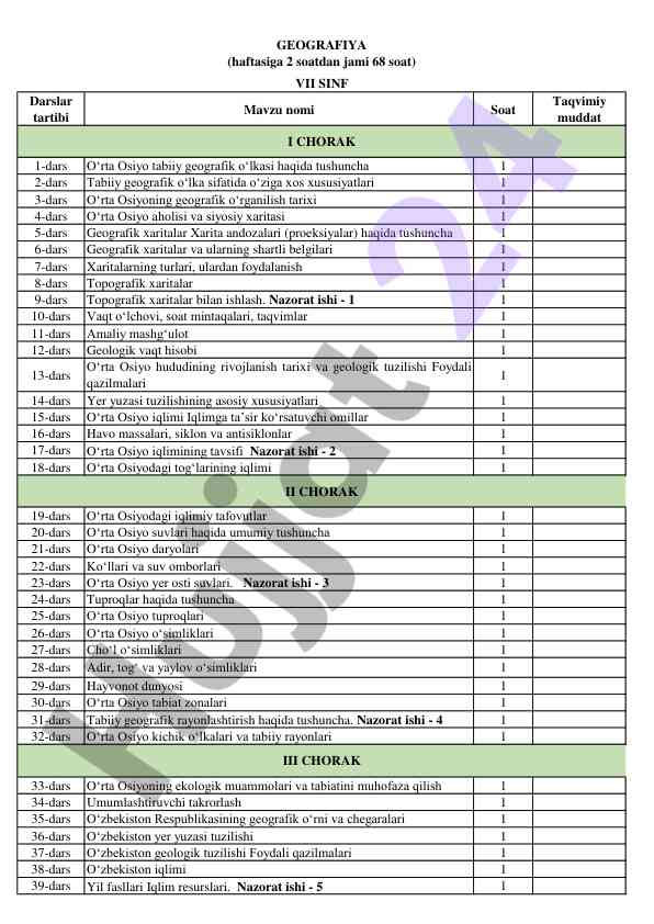 O‘rta osiyo tabiy geografik o‘lkasi haqida dars rejasi