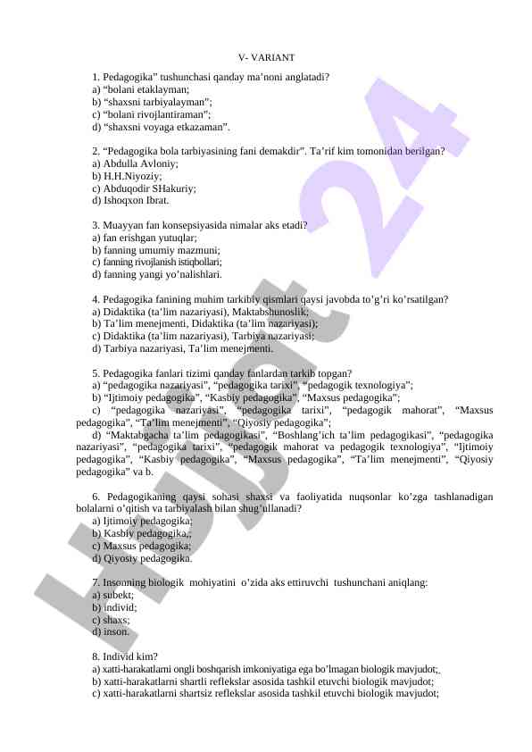 Pedagogika fanining asosiy terminlari testi