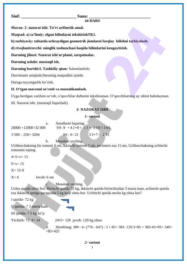Nazorat ishi to’rt arifmetik amal mavzusi