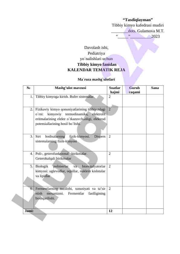 Tibbiy kimyo fanidan kalendar tematik reja