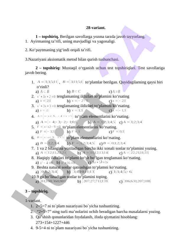 Matematika Topshiriqlari Va Test Savollari