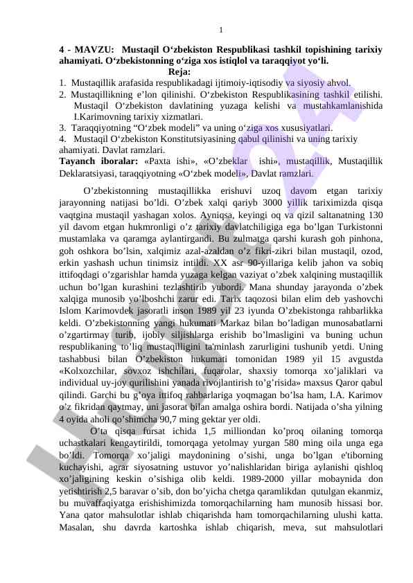 Mustaqil o‘zbekiston tashkil topishining tarixiy ahamiyati