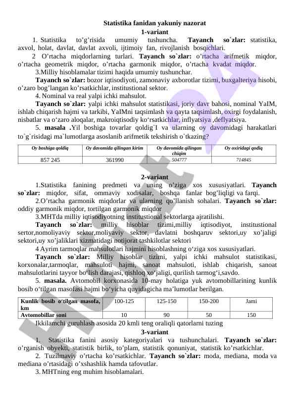 Statistika fanidan yakuniy nazorat 1-variant