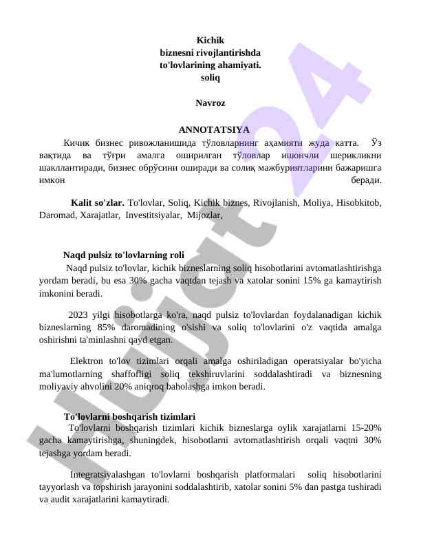 Kichik biznesni rivojlantirishda to'lovlarning ahamiyati