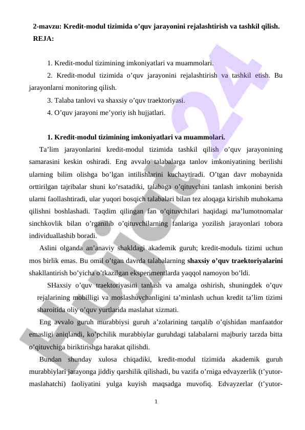 Kredit-modul tizimida o‘quv jarayonini rejalashtirish