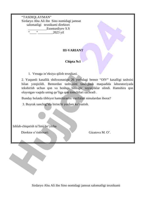 Hamshiralik ishiga oid kasbiy amaliy imtihon savollari