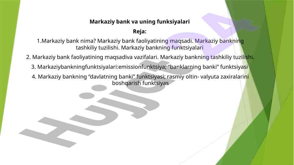 Markaziy bank va uning funktsiyalari tahlili
