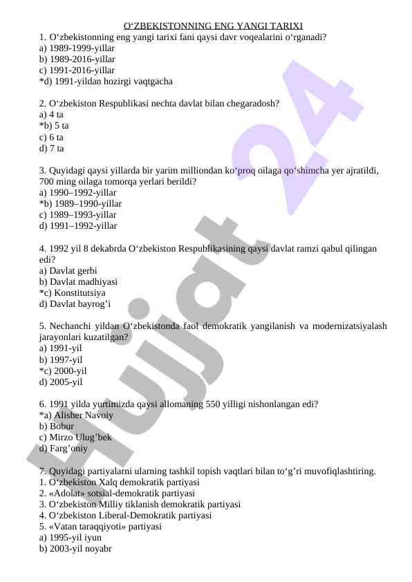 O‘zbekistonning eng yangi tarixi testi