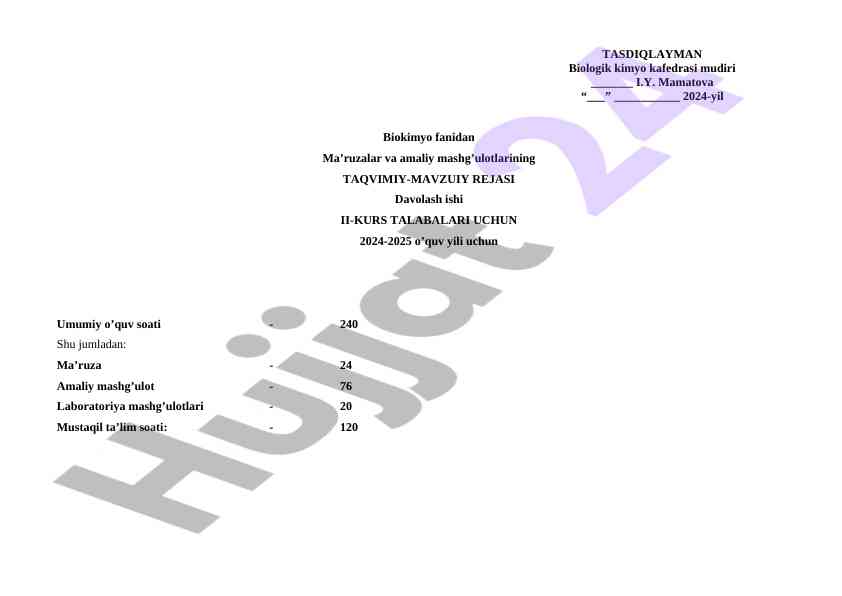 Biokimyo fanidan ma’ruzalar rejasi 2024-2025