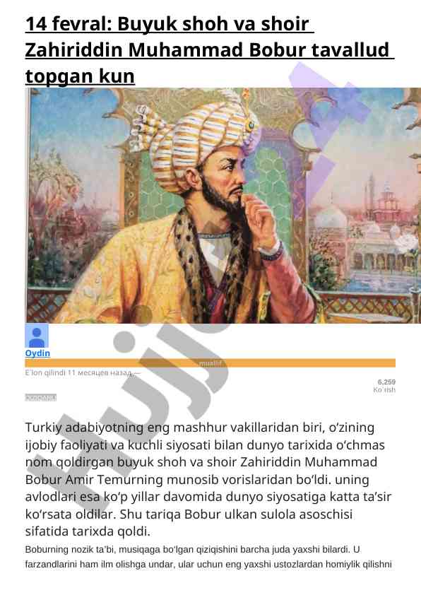 Zahiriddin muhammad bobur: tarixiy shaxs va adabiyot