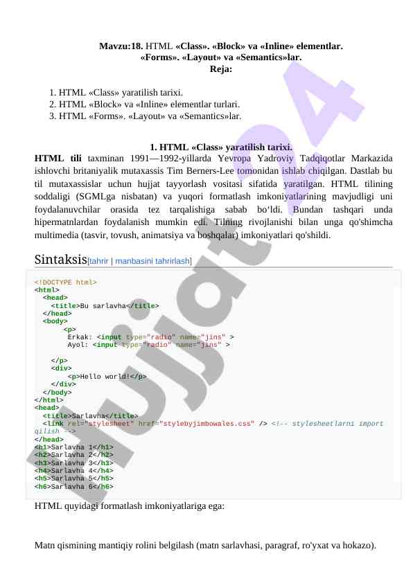 Html class block va inline elementlar
