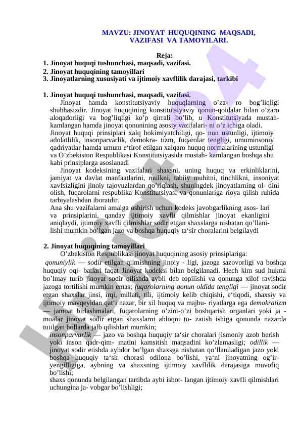 Jinoyat huquqining maqsadi va tamoyilari tahlili