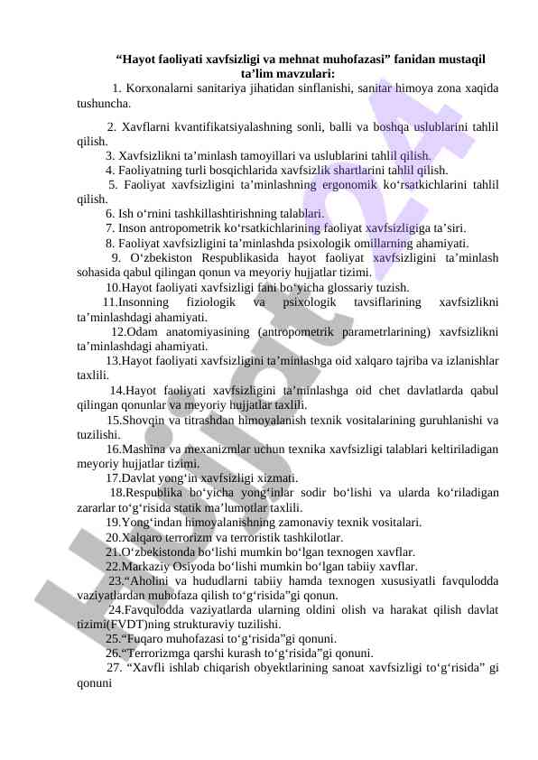 Hayot faoliyati xavfsizligi va mehnat muhofazasi