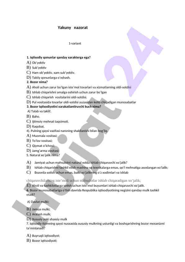 Iqtisodiyot kursi bo'yicha nazorat ishlari