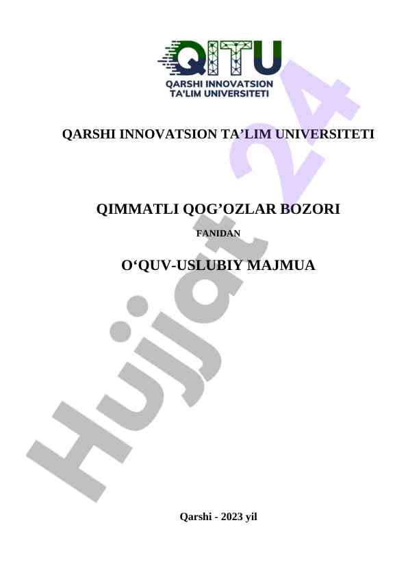 Qimmatli qog'ozlar bozori fanidan o‘quv-uslubiy majmua