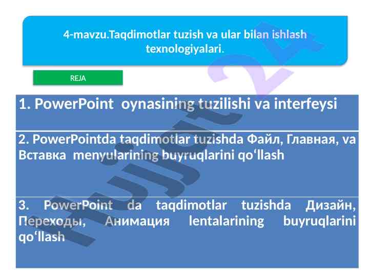 Taqdimotlar tuzish va ular bilan ishlash texnologiyalari