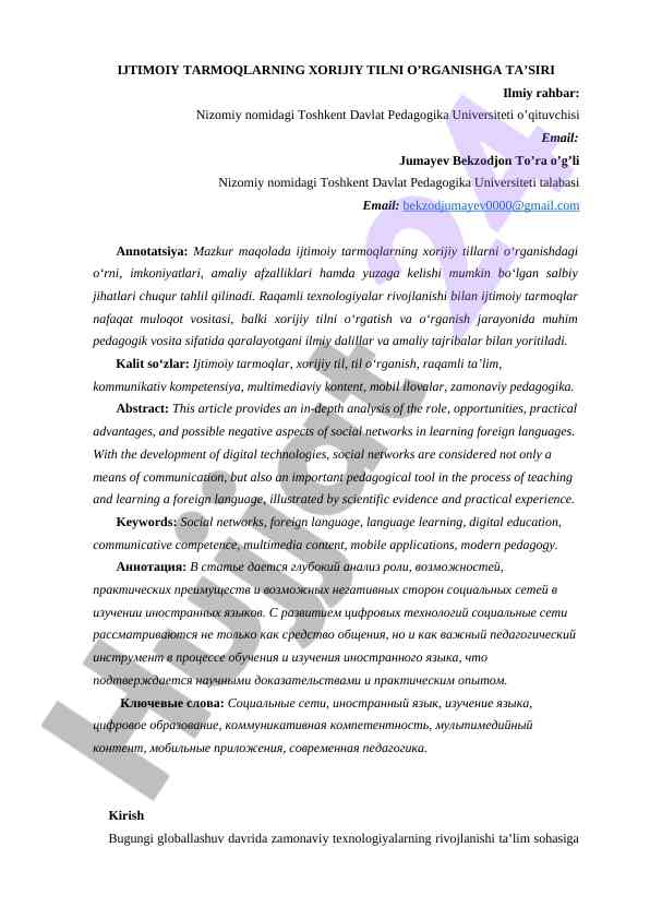 Ijtimoiy tarmoqlarning xorijiy til o’rganishdagi o’rni