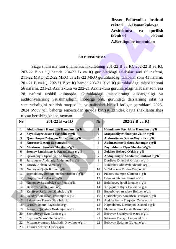 Talabalar sonining o‘zgarishi haqida hisobot