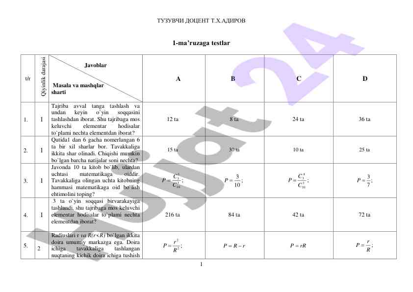 Statistik testlar va masalalar bilan ishlash