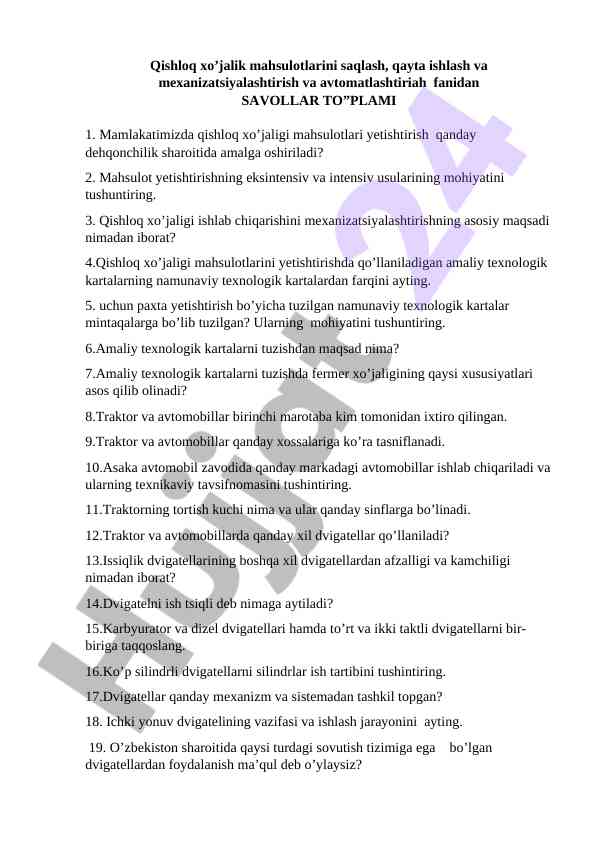 Qishloq xo‘jalik mahsulotlarini saqlash savollar