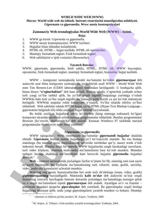World wide web da ishlash uslublari va html tili