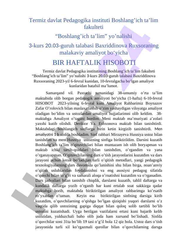 Malakaviy amaliyot hisoboti: 1-hafta tajribasi