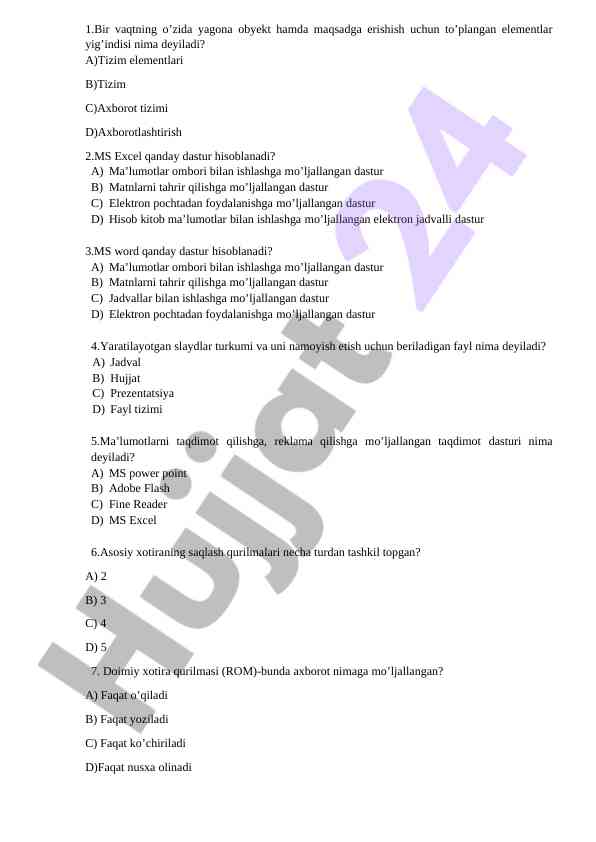 Kompyuter dasturlari test savollari