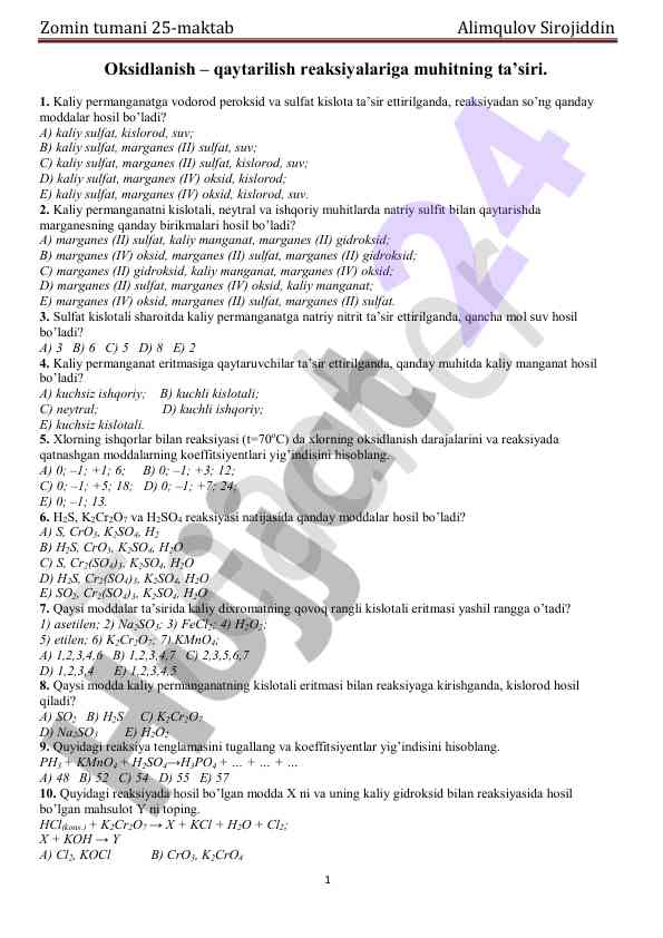 Kaliy permanganat reaksiyalari testi