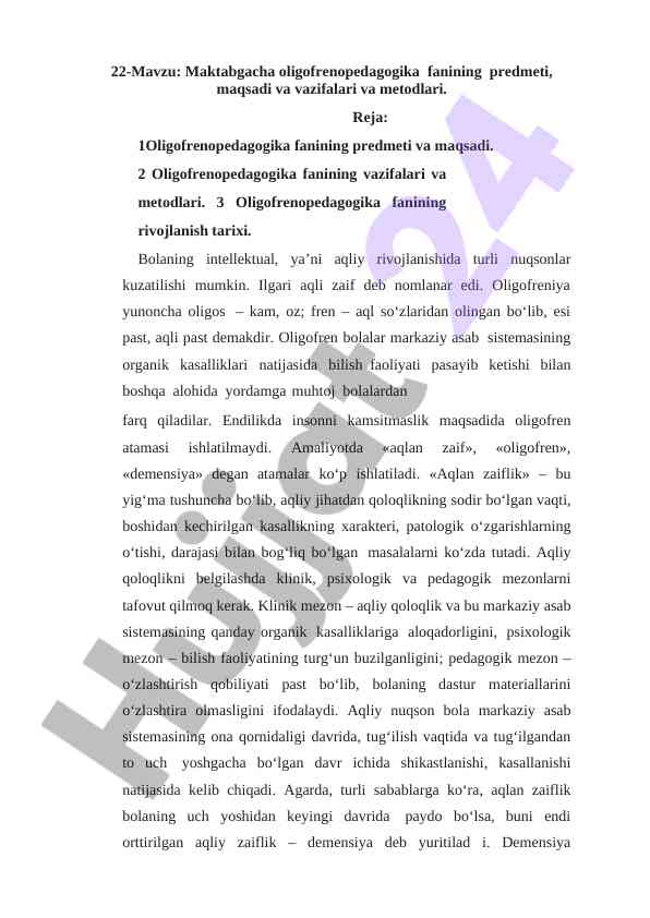 Maktabgacha oligofrenopedagogika fanining asoslari