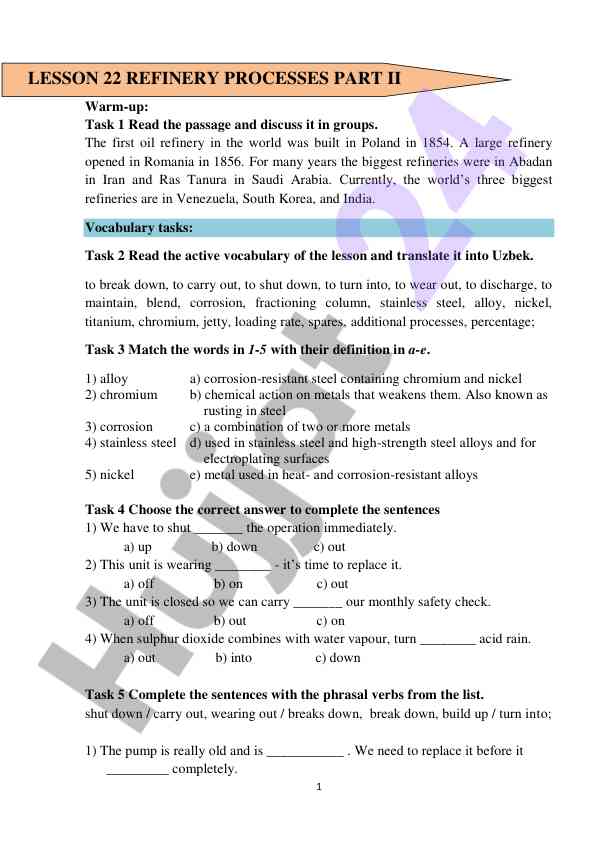 Understanding oil refineries and vocabulary tasks