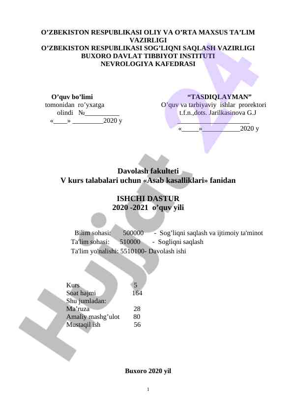 Asab kasalliklari fanidan ishchi dastur 2020-2021
