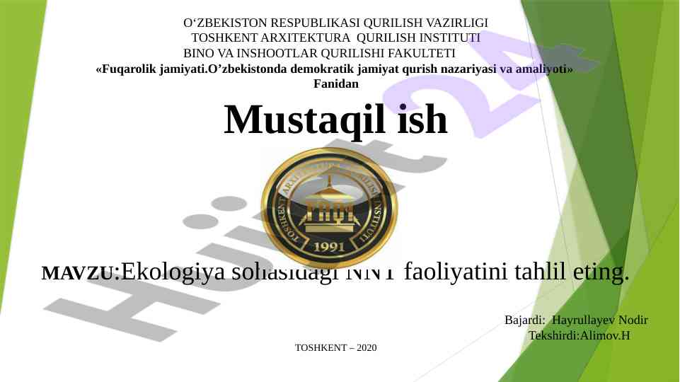 Ekologiya sohasidagi nnt faoliyatining tahlili