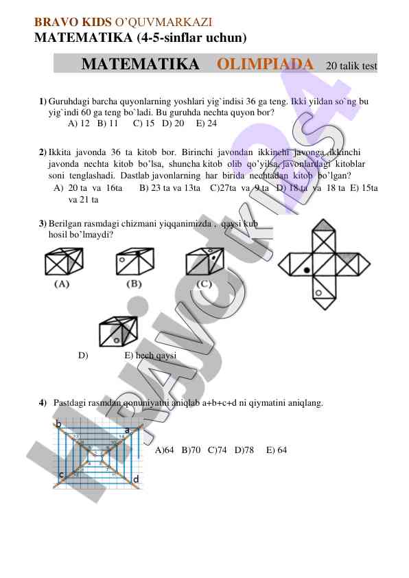 Matematika olimpiada testlari 4-5 sinflar uchun
