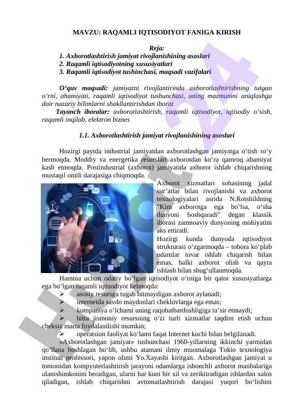 Raqamli iqtisodiyot faniga kirish asoslari