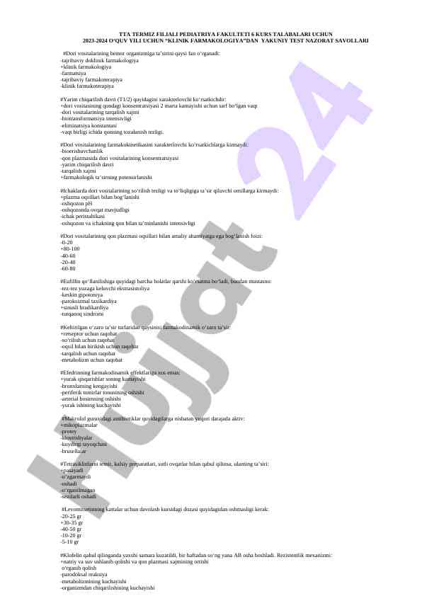 Klinik farmakologiya yakuniy test nazorat savollari