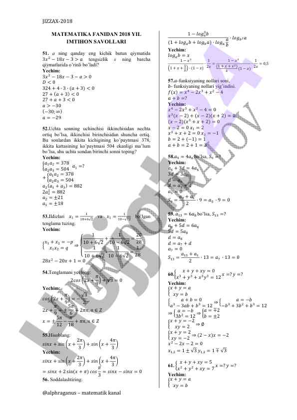 Matematika fanidan imtihon savollari 2018