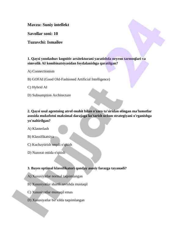 Suniy intellekt bo'yicha test savollari