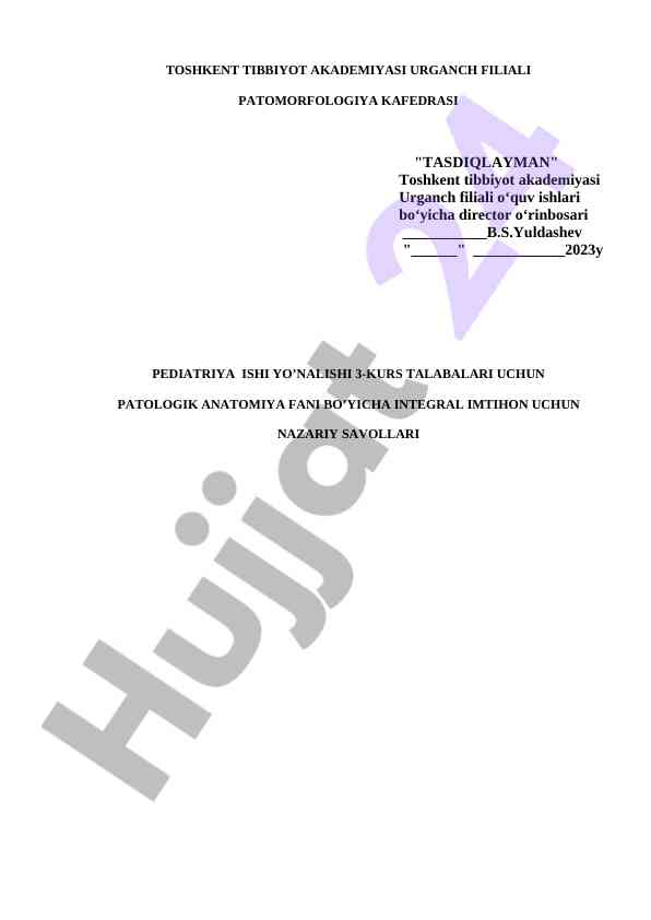 Patologik anatomiya fani bo'yicha imtihon savollari