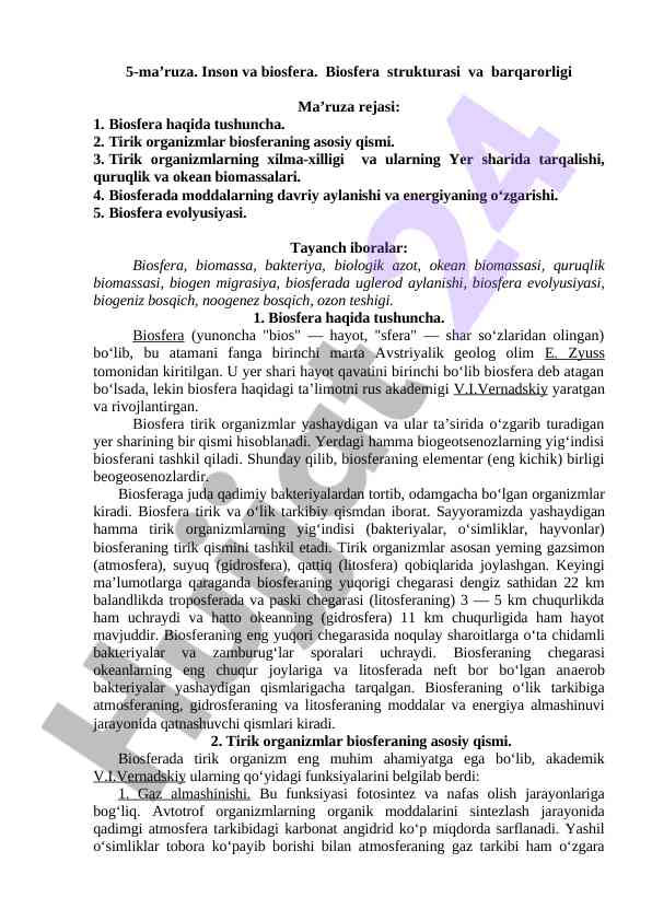 Biosfera strukturasi va barqarorligi haqida maʼruza