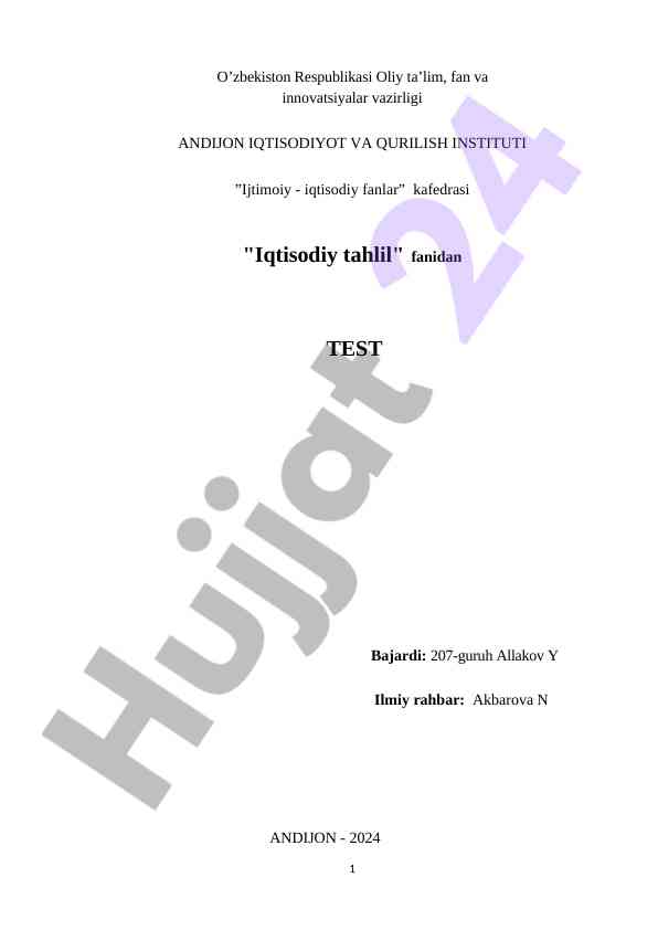 Iqtisodiy tahlil fanidan test materiallari