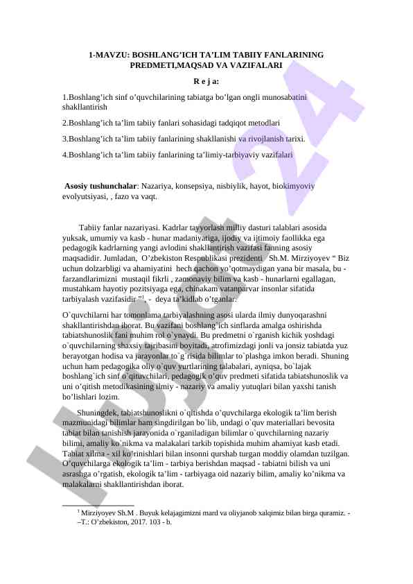 Boshlang'ich ta'lim tabiiy fanlarining maqsadlari