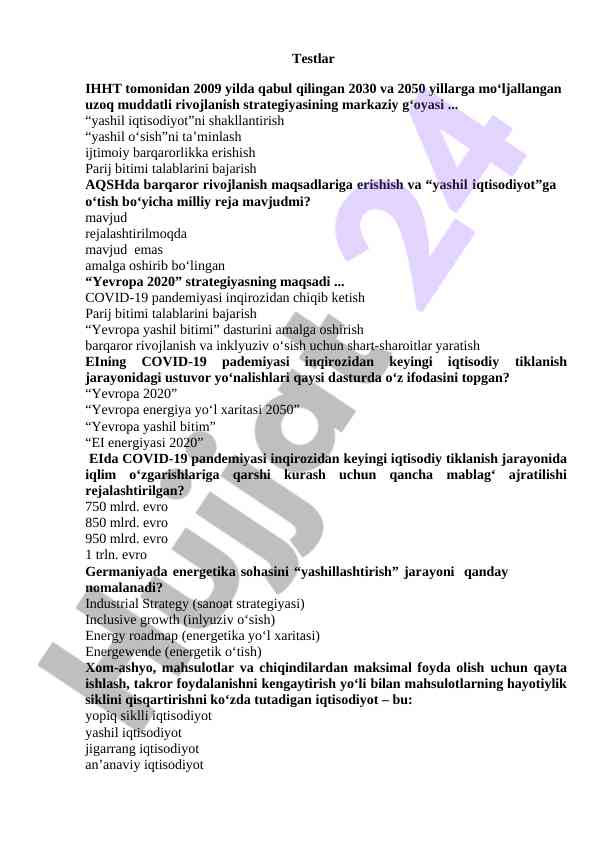 Yashil iqtisodiyot strategiyalari testlari 2023