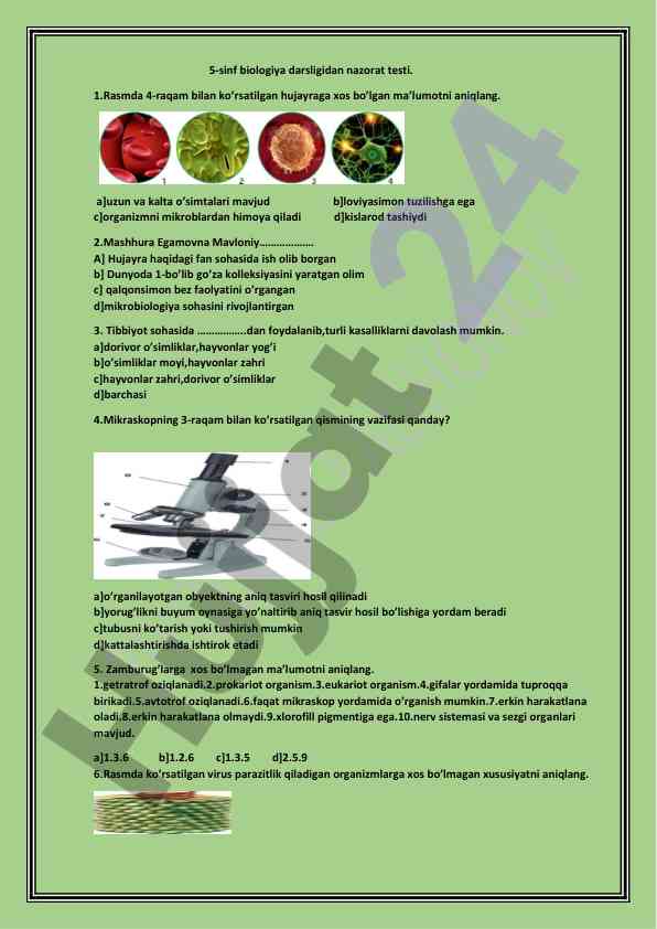 5-sinf biologiya darsili bazasidan test savollari