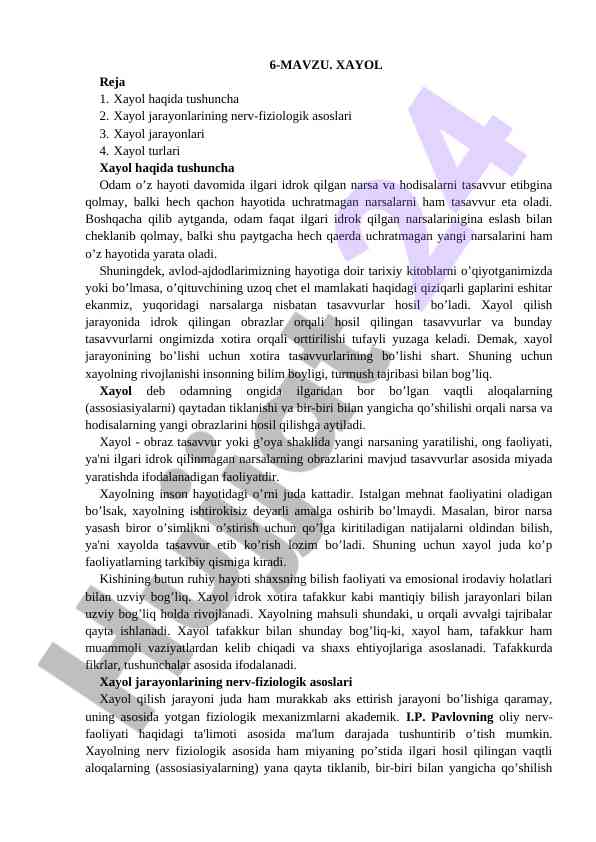 Xayol jarayonlari va ularning asoslari