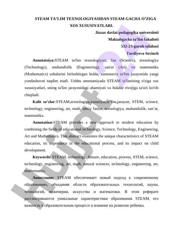 Steam ta’lim texnologiyasining o'ziga xos xususiyatlari