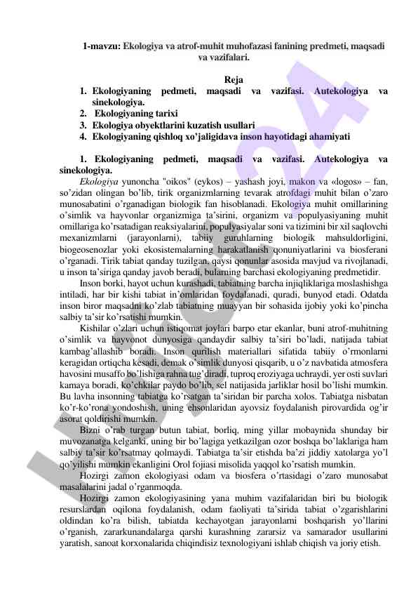 Ekologiya va atrof-muhit muhofazasi fanining predmeti