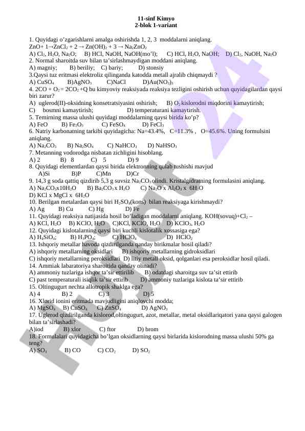 11-sinf kimyo test varianti 1